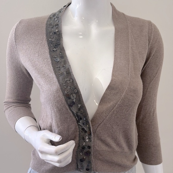 Vintage Y2K GAP Brown 3/4 Sleeve Cotton Knit Sweater w Gunmetal Sequin Trim - Picture 1 of 6